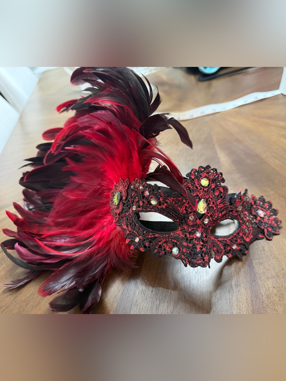 Feathered Lace Masquerade Mask in Red and Black